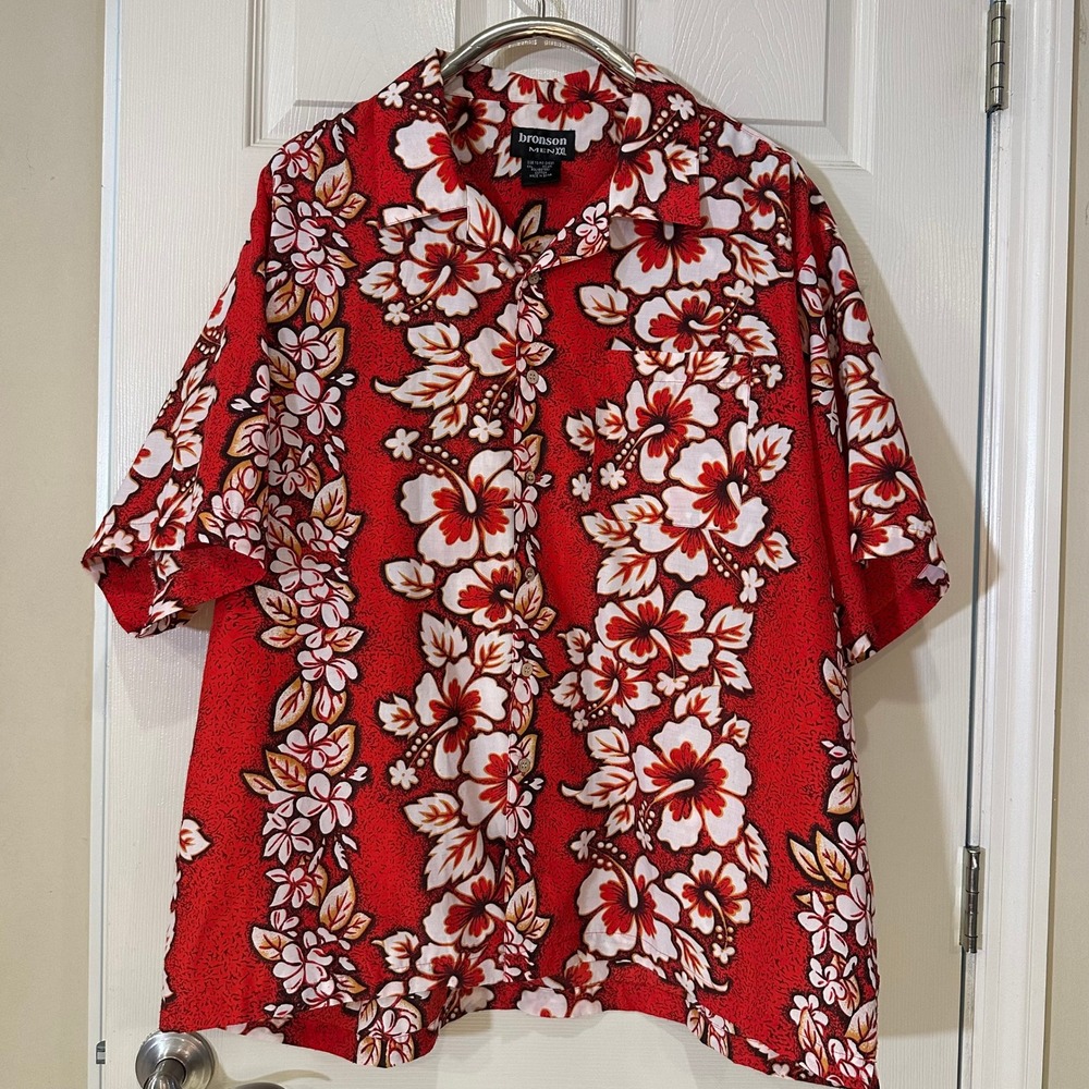 Bronson Mens XXL Red Hibiscus Floral Hawaiian Button Down Shirt Short Slv
